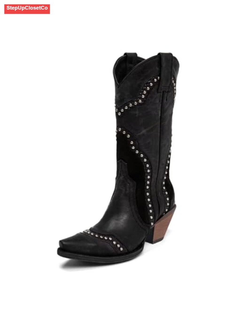 Faux Leather Studded Pointed Toe Chunky Heel Cowboy Boots Women Mid Calf Pull On
